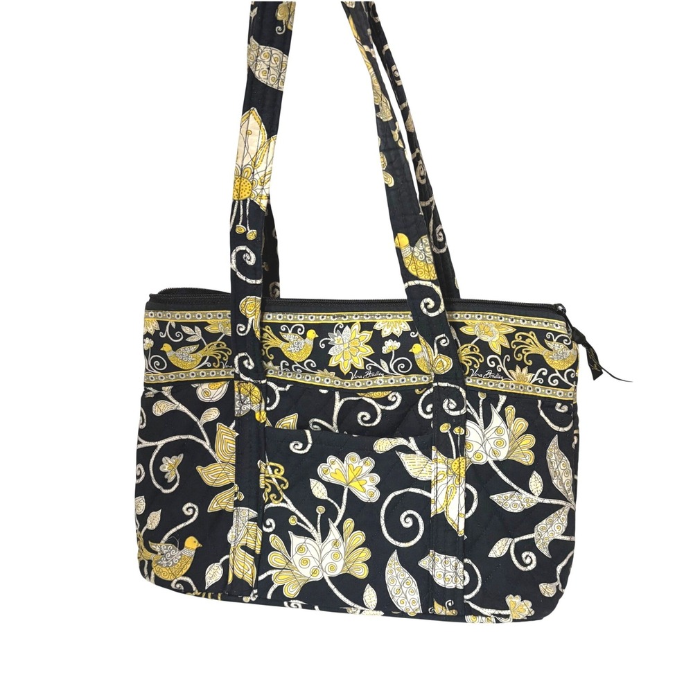 Vera‎ Bradley Night and Day Quilted Cotton Tote Bag Black Yellow Floral Bird
